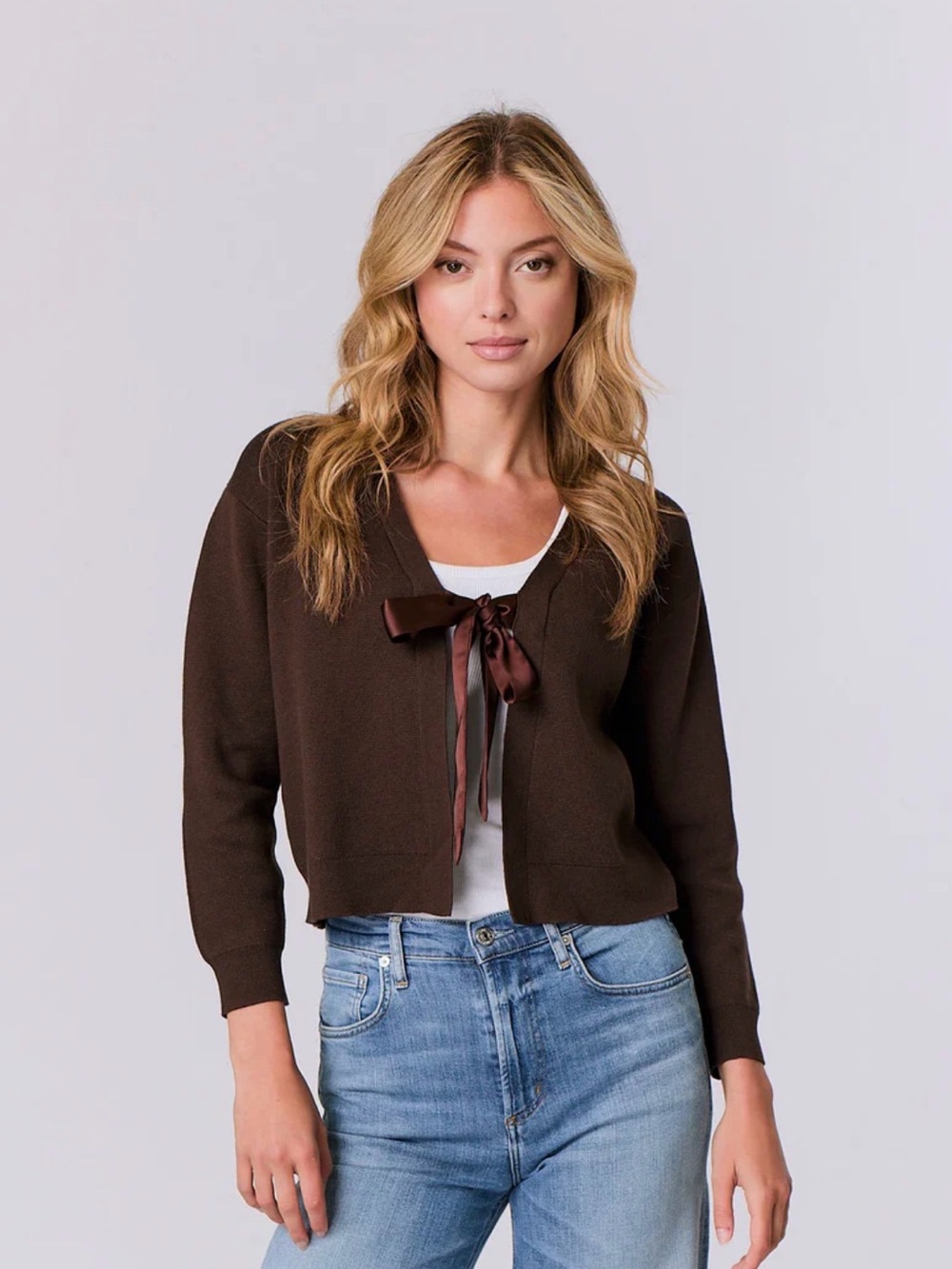 J Society Maya Brown Cropped Ribbon-Tie Cardigan
